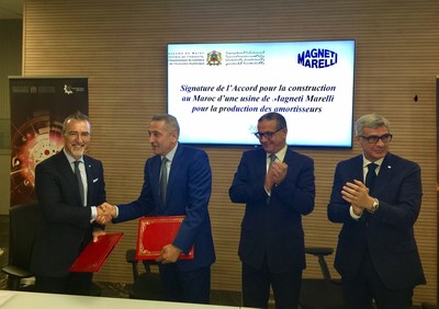 Signing of the agreement between Magneti Marelli and the Moroccan State for the building of an automotive production plant, which will produce shock absorbers in the first phase. From right to left: Pietro Gorlier, CEO of Magneti Marelli; Moulay Hafid Elalamy, Minister of Industry, investment, Trade and the Digital Economy of Morocco; Mohamed Boussaid, Minister of Economics and Finance of Morocco; Roberto Di Stefano, Head of Magneti Marelli Shock Absorbers. (PRNewsfoto/Magneti Marelli SpA)