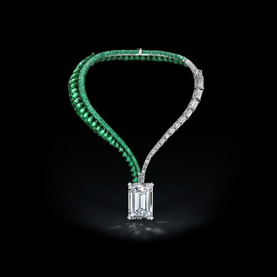 Diamond necklace featuring 163-carat flawless emerald stone, largest of its kind ever to be put up for an auction, has been unveiled in Hong Kong on Thursday September 28 (PRNewsfoto/de GRISOGONO)
