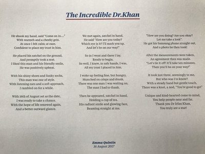 The Incredible Dr. Khan – a poem dedicated to the Moorfields Eye Hospital Dubai consultant by a grateful patient (PRNewsfoto/Moorfields Eye Hospital Dubai)