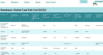 Urgewalds' comprehensive coal database "Global Coal Exit List" on www.coalexit.org (Screenshot). (PRNewsfoto/urgewald e.V.)