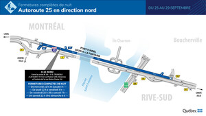 RAPPEL - Autoroute 25 en direction nord entre Longueuil et Montréal - Fermetures complètes de nuit au cours des prochains jours