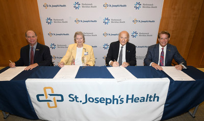 St. Joseph’s Health and Hackensack Meridian Health announce clinical and strategic partnership. Pictured from left to right: Kevin J. Slavin, president and chief executive officer at St. Joseph’s Health; Sister Marilyn Thie, SC, chair of the Board of Trustees at St. Joseph’s Health; Gordon Litwin, Esq., chair of the Hackensack Meridian Health Board of Trustees and Robert C. Garrett, FACHE, CEO of Hackensack Meridian Health.