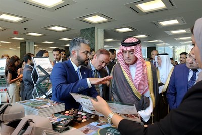 Saudi Minister of State for Foreign Affairs Adel al-Jubeir (right) is briefed on Saudi Development and Reconstruction Program for Yemen initiatives by SDRPY Communications Director Abdullah bin Kadasa at UN Headquarters in New York.