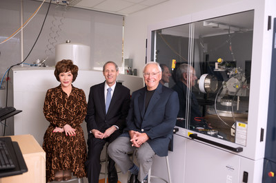 The Wonderful Company owners Stewart and Lynda Resnick announced a historic $750 million pledge to Caltech to address and mitigate the effects of climate change. This is the largest commitment ever for sustainability research and the second-largest to a U.S. academic institution. Pictured left to right: Lynda Resnick, Caltech President Thomas F. Rosenbaum and Stewart Resnick in the Joint Center for Artificial Photosynthesis (JCAP) surface science lab at Caltech.