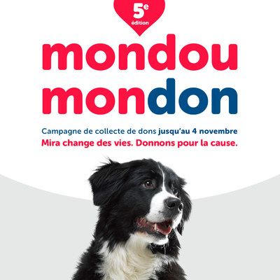 Mondou lance la 5e dition de Mondou Mondon au profit de la fondation MIRA qui se tiendra dans les 66 magasins Mondou du Qubec, et au Mondou.com, jusqu'au 4 novembre prochain. L'objectif est d'amasser cette anne 380 000 $ en dons. (Groupe CNW/Mondou)