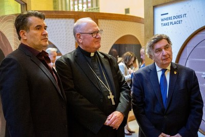 (From left to right): Imam Tahir Kukaj, Cardinal Timothy Dolan and Rabbi Joseph Potasnik at the Interfaith Alliance for Safer Communities' Child Dignity Exhibit in Grand Central Terminal