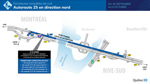 Autoroute 25 en direction nord entre Longueuil et Montréal - Fermetures complètes de nuit à venir la semaine prochaine