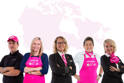 For the month of October, new pink aprons have been made available to WestJetters along with custom-designed pink neckwear, hats and personality pins that see 100 per cent of the purchase price going to the Canadian Cancer Society breast cancer cause. (CNW Group/WESTJET, an Alberta Partnership)