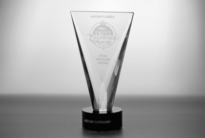 The Special Innovation Award, pictured here, is one of three Best of Category awards won by Adcraft Labels at the 2019 Print Excellence Awards competition. For the first time in the event&rsquo;s history, one label entry earned three different Best of Category awards. The one label was created with Adcraft&rsquo;s proprietary 3-D printing technology, the next generation of lenticular printing. The process allows images and colors to shift, show depth, and create optical movement on the labels.