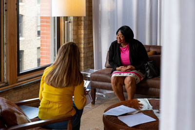 Dress for Success client practices interview skills with Trunk Club employee at the styling service's Chicago headquartes