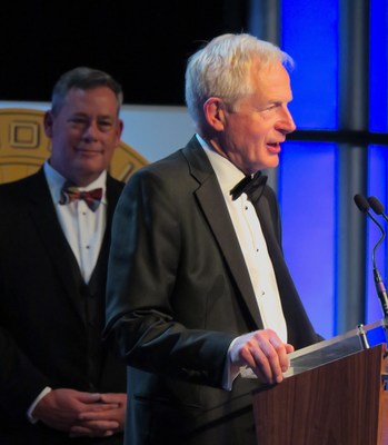 John Martin, co-managing director and CEO of Martin-Baker Aircraft Company, Ltd., speaks after accepting the Spirit of Flight award and enshrinement into the National Aviation Hall of Fame Friday in Denver.  (Photo by Mark Usciak)