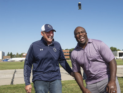 Goodyear surprised College Football Hall of Fame inductee London Fletcher with a reunion with his high school and college coach Mike Moran and a ride on the blimp, Friday Sept. 27, 2019 in Cleveland (Phil Long/AP Images for Goodyear)