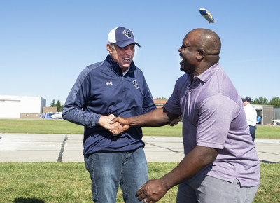 Goodyear surprised College Football Hall of Fame inductee London Fletcher with a reunion with his high school and college coach Mike Moran and a ride on the blimp, Friday Sept. 27, 2019 in Cleveland (Phil Long/AP Images for Goodyear)