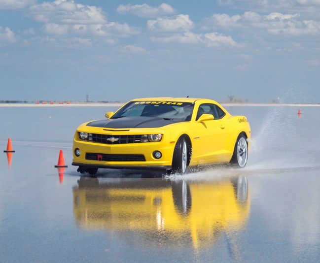 A Camaro in Goodyear's test fleet goes through the paces at the company's Vehicle Dynamics Area at its San Angelo, Texas Proving Grounds.