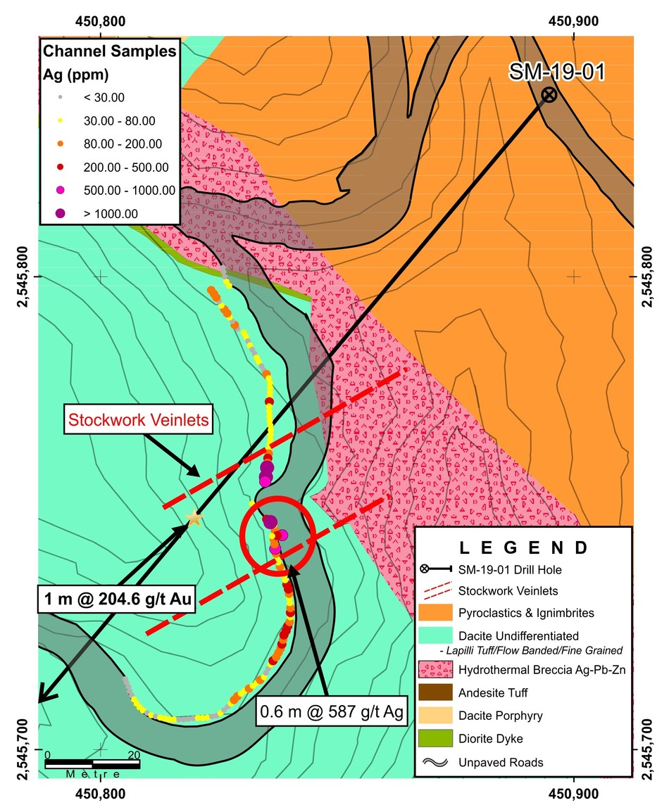 Figure 2: Faisanes Target: Location of Channel Sample Results (CNW Group/Goldplay Exploration Ltd)