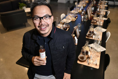 Rizal Hamdallah, Ocean Spray Global Chief Innovation Officer at the launch of its Lighthouse Incubator Program to unveil Atoka, a line of plant-based drinks,  Wednesday Oct. 2, in Boston's Seaport District. (Josh Reynolds/AP Images for Ocean Spray)