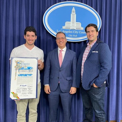 Co-founders of Hawke Media Erik Huberman and Tony Delmercado stand on the left and right, respectively, of City of Los Angeles Councilmember Bob Blumenfield at the official announcement of Los Angeles E-Commerce Week.