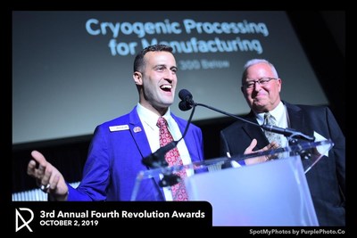 Prescott and Peter Paulin accept the award for 2019 Innovation of the Year at the 4RevAwards ceremony.