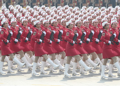 Female militia troops in Tian'anmen Square in Beijing on Oct 1, 2019 march to celebrate the People&rsquo;s Republic of China&rsquo;s 70th anniversary. [Photo by Feng Yongbinchinadaily.com.cn].