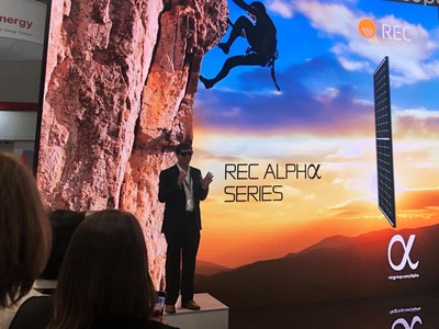 Cary Hayes, REC Group Americas president, on stage during the official U.S. launch of REC Alpha Series.