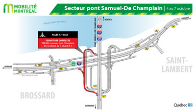 Fermetures SSL-pont Samuel-De Champlain à Brossard, fin de semaine du 4 octobre (Groupe CNW/Ministère des Transports)