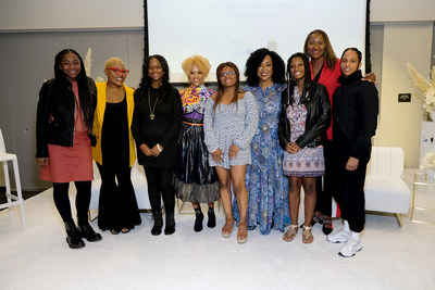 Faith Fennidy, Tyrelle Davis, Esi Eggleston Bracey, Deanna Cook, Shonda Rhimes, Mya Cook, Senator Holly Mitchell, and Janaya "Future" Khan attend a town hall discussion centered on the impact of hair discrimination hosted by The Dove Self-Esteem Project. (Photo by Sarah Morris/Getty Images for Dove)