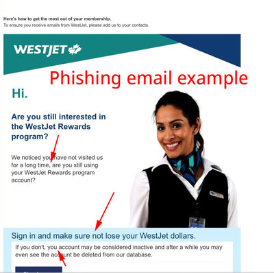 Example of scam email (CNW Group/WESTJET, an Alberta Partnership)