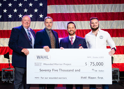 Wahl presents WWP with $75,000 donation. Pictured from left, Bruce Kramer, Wahl Senior Vice President, Steven Yde, Wahl Vice President Marketing, retired Army Staff Sgt. Jeremiah Pauley and Phil Wahl, Wahl Product Manager.
