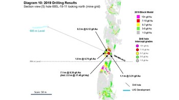Diagram 10: 2019 Drilling Results 
Section view (5) hole 685L-19-11 looking north (mine grid) (CNW Group/Rubicon Minerals Corporation)