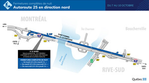 Autoroute 25 et tunnel Louis-Hippolyte-La Fontaine entre Longueuil et Montréal - Poursuite des entraves de nuit