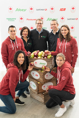 MISSISSAUGA, Ont. - Canadian athletes join Empire Company CEO, Michael Medline and COC CEO, David Shoemaker to celebrate historic partnership between Sobeys Inc. and Team Canada, announcing Sobeys Inc. as the first-ever Official Grocer of Team Canada. From left to right: (Back Row) Sean McColl (Sport Climbing), Sobeys Inc. SVP Marketing Sandra Sanderson, Empire Company CEO Michael Medline, COC CEO David Shoemaker, Kylie Masse (Swimming), (Front Row) Kia Nurse (Basketball), Sarah Pavan (Beach Volleyball), seen at the Team Canada-Sobeys Inc. partnership launch on Monday, October 7, 2019. (CNW Group/Empire Company Limited)