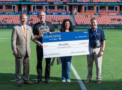 BBVA USA and the Houston Dynamo present MoodMe with a $10,000 check on October 6 for winning the Launchpad Sweepstake Contest.