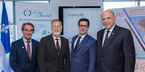 Sur la photo, de gauche à droite : M. Claude Arbour, vice-président du C.A. du CQIB, M. Marc Demers, maire de Laval, M. Perry Niro, directeur général du CQIb et M. Pierre Fitzgibbon, ministre de l'Économie et de l'Innovation. (Groupe CNW/Centre québécois d’innovation en biotechnologie (CQIB))