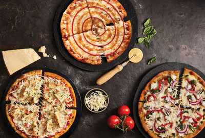 Pizza Pizza's new Gourmet Thins from Left to Right: Chicken Bruschetta, Sriracha & Honey, Pesto Amore (CNW Group/Pizza Pizza Limited)