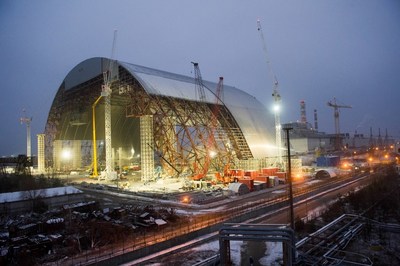 The New Safe Confinement arch was assembled in sections near the damaged reactor and slid into place on rails. Photo credit: European Bank for Reconstruction and Development