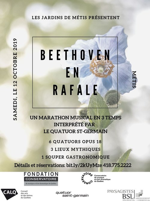 Beethoven en rafale, avec le Quatuor Saint-Germain - Samedi 12 octobre 2019 | 10 h 30, 14 h 30 et 17 h 30, Jardins de Métis, Billets sur eventbrite.ca (Groupe CNW/Conservatoire de musique et d'art dramatique du Québec)