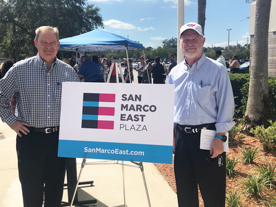 Prescott Group's Frank Cofer, Managing Director of Asset Management, and Jud Pankey, Founder & CEO, present the rebrand to San Marco East Plaza tenants.