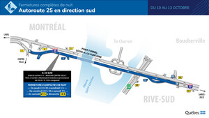 Autoroute 25 et tunnel Louis-Hippolyte-La Fontaine entre Longueuil et Montréal - Début des entraves de nuit en direction sud