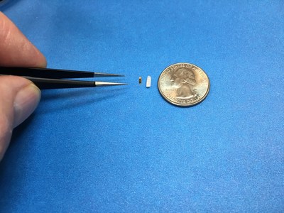 A prototype of Injectsense's wireless silicon sensor module designed for long-term in-vivo monitoring of intraocular pressure (IOP) to assess glaucoma therapy effectiveness. Pictured with a quarter and a grain of rice. An upcoming injectable and autonomous version of the device, with self anchoring, will be delivered into the eye in a 5-minute procedure in the doctor's office as part of the company's IOP-Connect system. A prototype of Injectsense's wireless silicon sensor module designed for long-term in-vivo monitoring of intraocular pressure (IOP) to assess glaucoma therapy effectiveness. Pictured with a quarter and a grain of rice. An upcoming injectable and autonomous version of the device, with self anchoring, will be delivered into the eye in a 5-minute procedure in the doctor's office as part of the company's IOP-Connect system.