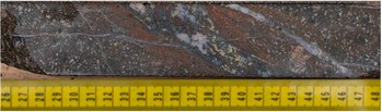 Figure 3: Photo taken of stock-work hosted and disseminated chalcopyrite-bornite within potassic alteration assemblage of secondary K-feldspar and “shreddy” biotite. (CNW Group/Crystal Lake Mining Corporation)