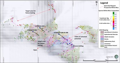 Figure 1: Map illustrating the 2019 mapping and spectral geology layers relative to 2019 drill holes. (CNW Group/Crystal Lake Mining Corporation)
