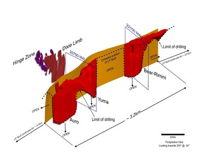Figure 2: Current 3D model of mineralization drilled to-date along the LP Fault, modeled to the maximum current drill depth of approximately 480 vertical metres.  The adjacent Hinge and Dixie Limb Zones are also shown. (CNW Group/Great Bear Resources Ltd.)
