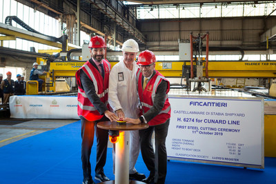 (L-R) Josh Weinstein, President of Carnival UK Ltd, Gilberto Tobaldi, Shipyard Director from Fincantieri and Simon Palethorpe, President of Cunard push the button, starting the machine to cut the first piece of steel at the Fincantieri shipyard in Naples, Italy for Cunard's new, as yet unnamed, ship which will launch in 2022.