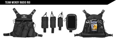 The Team Wendy Radio Rig features a modular attachment system that utilizes MOLLE / PALS and comes with three pouches for radio/GPS devices plus a water-proof pouch for electronics.