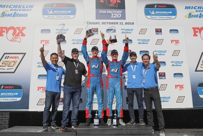 Mark Wilkins and Michael Lewis Win 2019 IMSA Michelin Pilot Challenge Drivers' Championship in Hyundai Veloster TCR Race Car (Left to Right, Dean Mayuga, Hyundai, Paul Imhoff, Michael Lewis, Driver, Mark Wilkins, Driver, Ross Rosenburg, Hyundai, Bryan Herta, Team Owner)