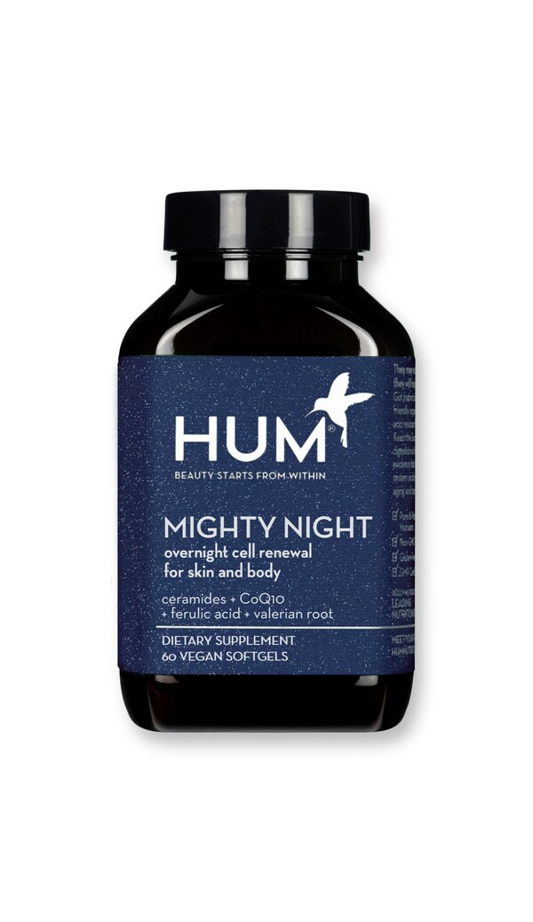 HUM Nutrition Mighty Night™, the first skin cell renewal supplement specifically formulated to optimize beauty sleep from within. Mighty Night ingredients include Ubiquinol, the most absorbable form of CoQ10 which protects the skin cell’s membrane and supports overall renewal; Ceramides to lock in moisture and boost elasticity; Ferulic Acid proven to scavenge free radicals; and, a clinically studied combination of Valerian Root, Hops and Passion Flower that helps to promote optimal sleep.