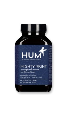 HUM Nutrition Mighty Night™, the first skin cell renewal supplement specifically formulated to optimize beauty sleep from within. Mighty Night ingredients include Ubiquinol, the most absorbable form of CoQ10 which protects the skin cell’s membrane and supports overall renewal; Ceramides to lock in moisture and boost elasticity; Ferulic Acid proven to scavenge free radicals; and, a clinically studied combination of Valerian Root, Hops and Passion Flower that helps to promote optimal sleep. HUM Nutrition Mighty Night™, the first skin cell renewal supplement specifically formulated to optimize beauty sleep from within. Mighty Night ingredients include Ubiquinol, the most absorbable form of CoQ10 which protects the skin cell’s membrane and supports overall renewal; Ceramides to lock in moisture and boost elasticity; Ferulic Acid proven to scavenge free radicals; and, a clinically studied combination of Valerian Root, Hops and Passion Flower that helps to promote optimal sleep.