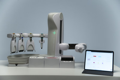 Andrew+ is a pipetting robot that uses conventional single and multichannel electronic pipettes.