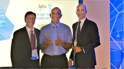 Lytx UK Coach of the Year Winner, Bob Willson (center) with David Riordan (L) and Damian Penney (R) of Lytx 