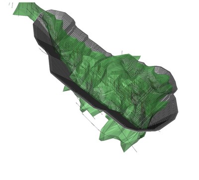 Appendix 3: Blackard mineralization (green) and US$ 3.50/lb Cu whittle pit shell (grey). Completed drill holes shown as grey strings. Isometric view looking towards the north-east. (CNW Group/Copper Mountain Mining Corporation)